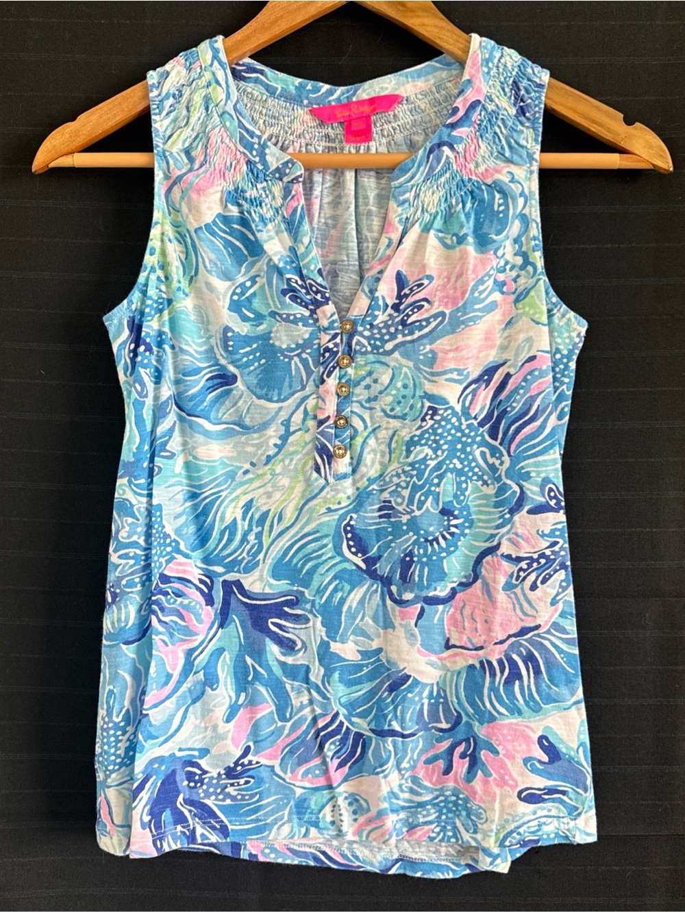 Lilly Pulitzer Essie Tank Top XXS Blue Pink Split Neck Sleeveless Tropical Beach